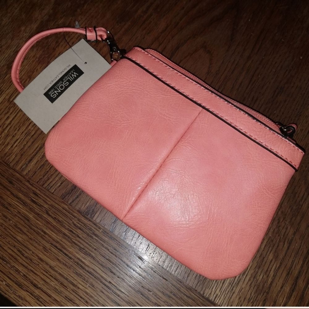 NWT! Wilson's Real Leather "Black Rivet' Wristlet Coral / Salmon color